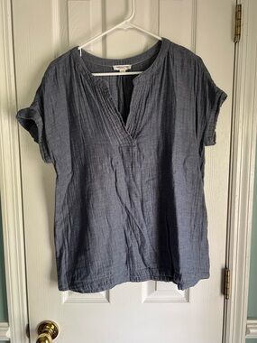 beachlunchlounge Washed Indigo Pintuck Split-Neck Tunic